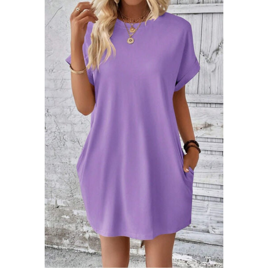 Pocketed Round Neck Short Sleeve Dress Lavender / S Apparel and Accessories