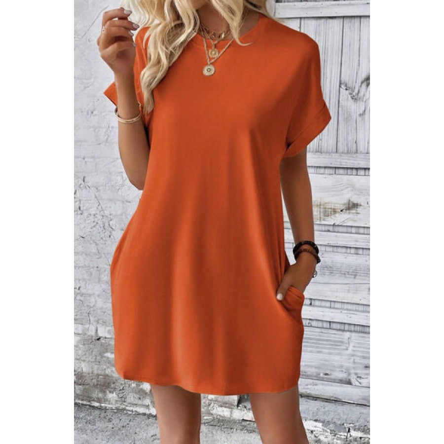 Pocketed Round Neck Short Sleeve Dress Ochre / S Apparel and Accessories