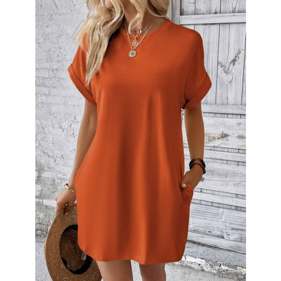 Pocketed Round Neck Short Sleeve Dress Red Orange / S Apparel and Accessories