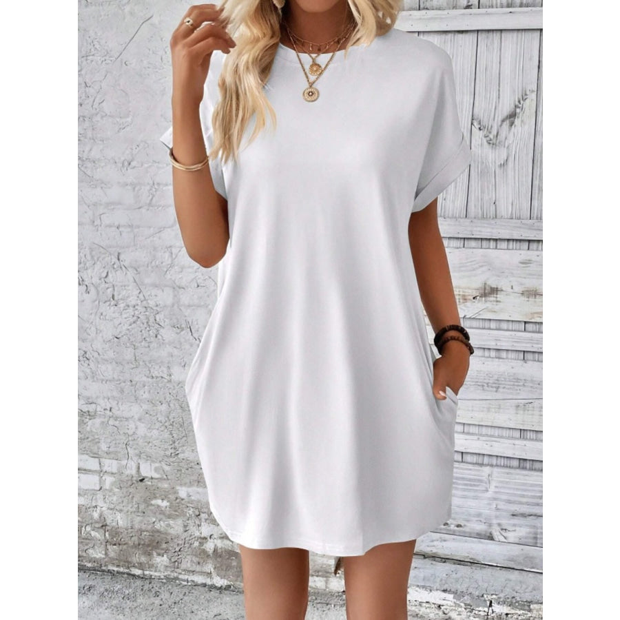 Pocketed Round Neck Short Sleeve Dress White / S Apparel and Accessories