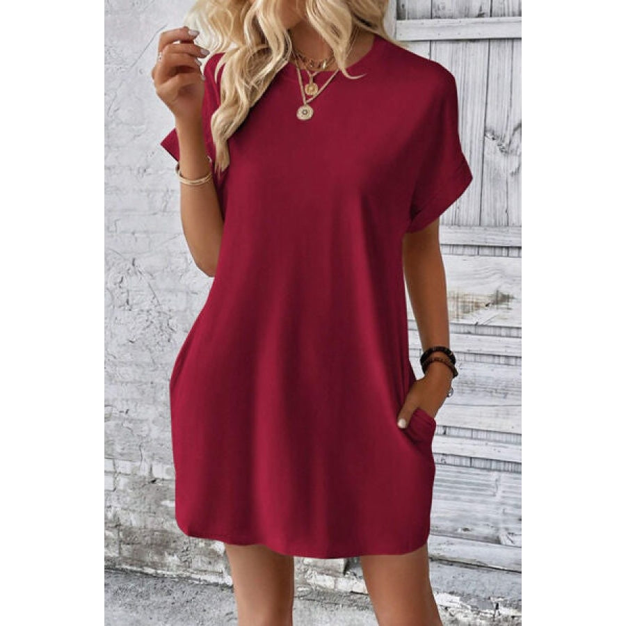 Pocketed Round Neck Short Sleeve Dress Wine / S Apparel and Accessories