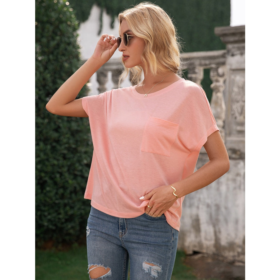 Pocketed Round Neck Short Sleeve T-Shirt Apparel and Accessories