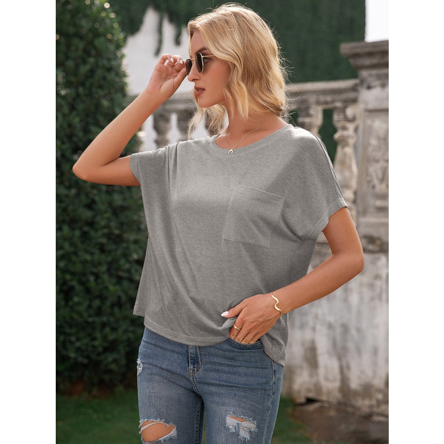 Pocketed Round Neck Short Sleeve T-Shirt Apparel and Accessories