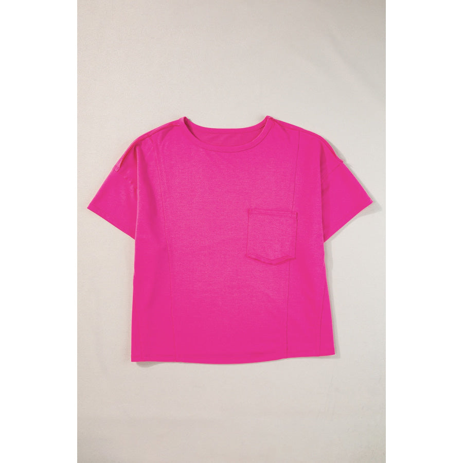 Pocketed Round Neck Short Sleeve T-Shirt Hot Pink / S Apparel and Accessories