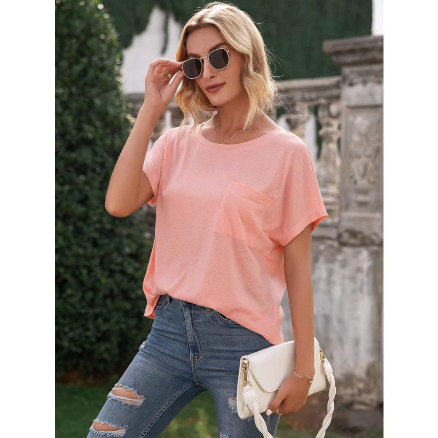Pocketed Round Neck Short Sleeve T-Shirt Apparel and Accessories