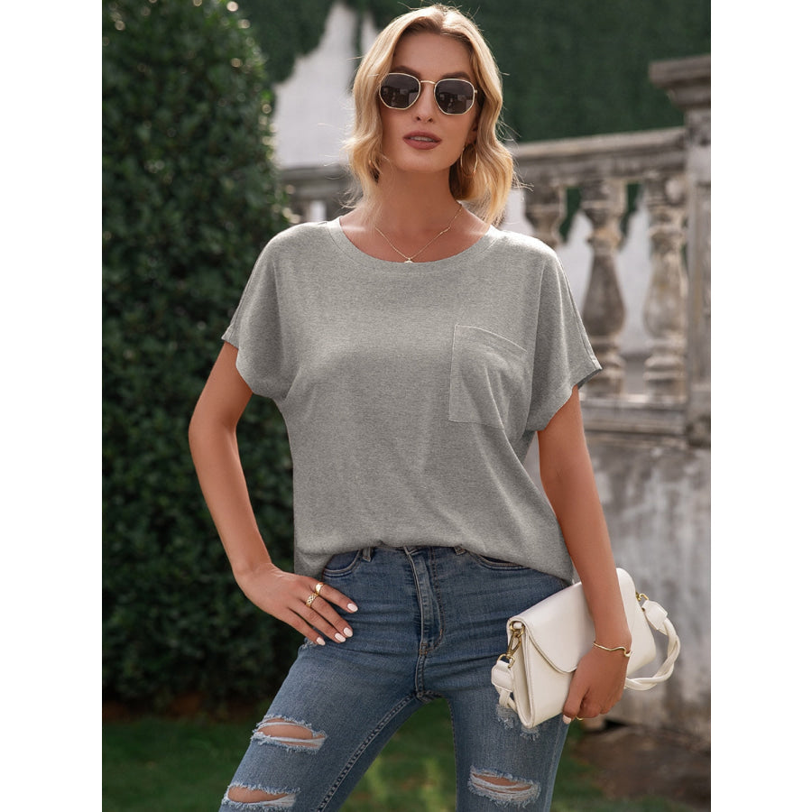 Pocketed Round Neck Short Sleeve T-Shirt Apparel and Accessories