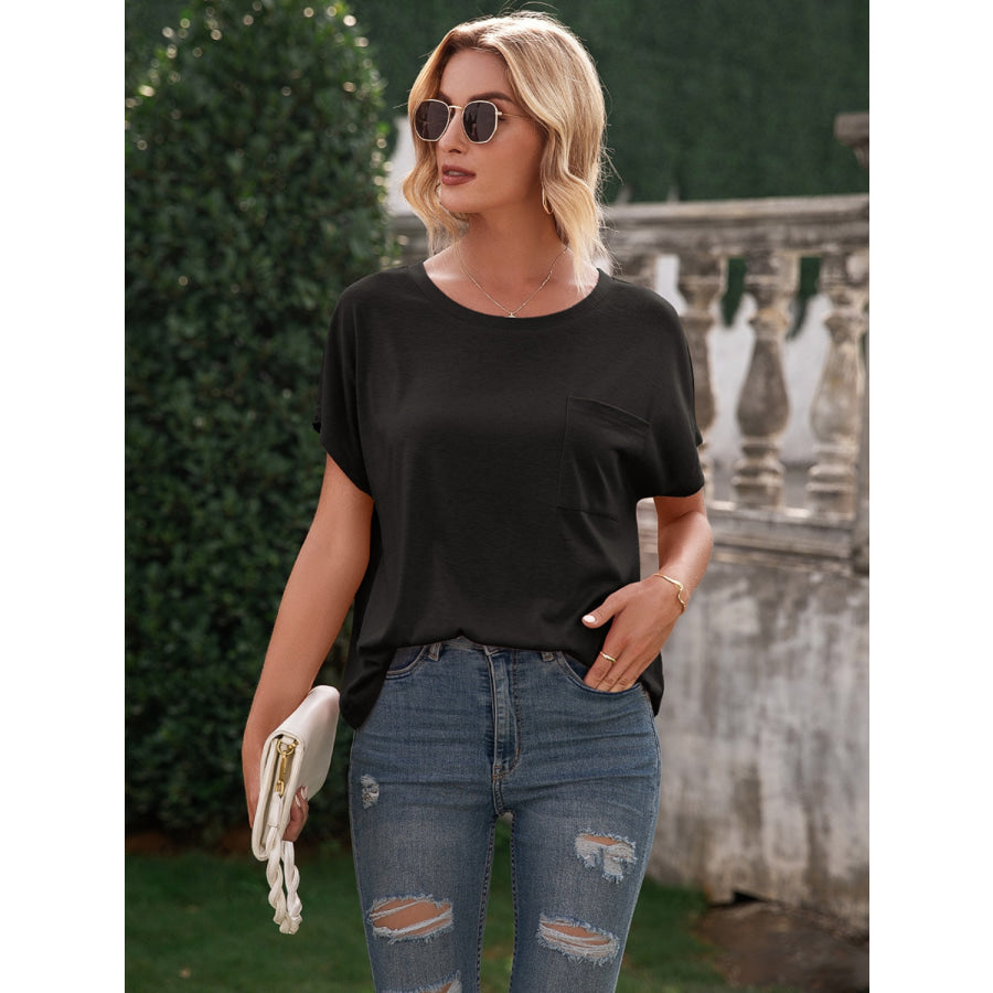 Pocketed Round Neck Short Sleeve T-Shirt Black / S Apparel and Accessories