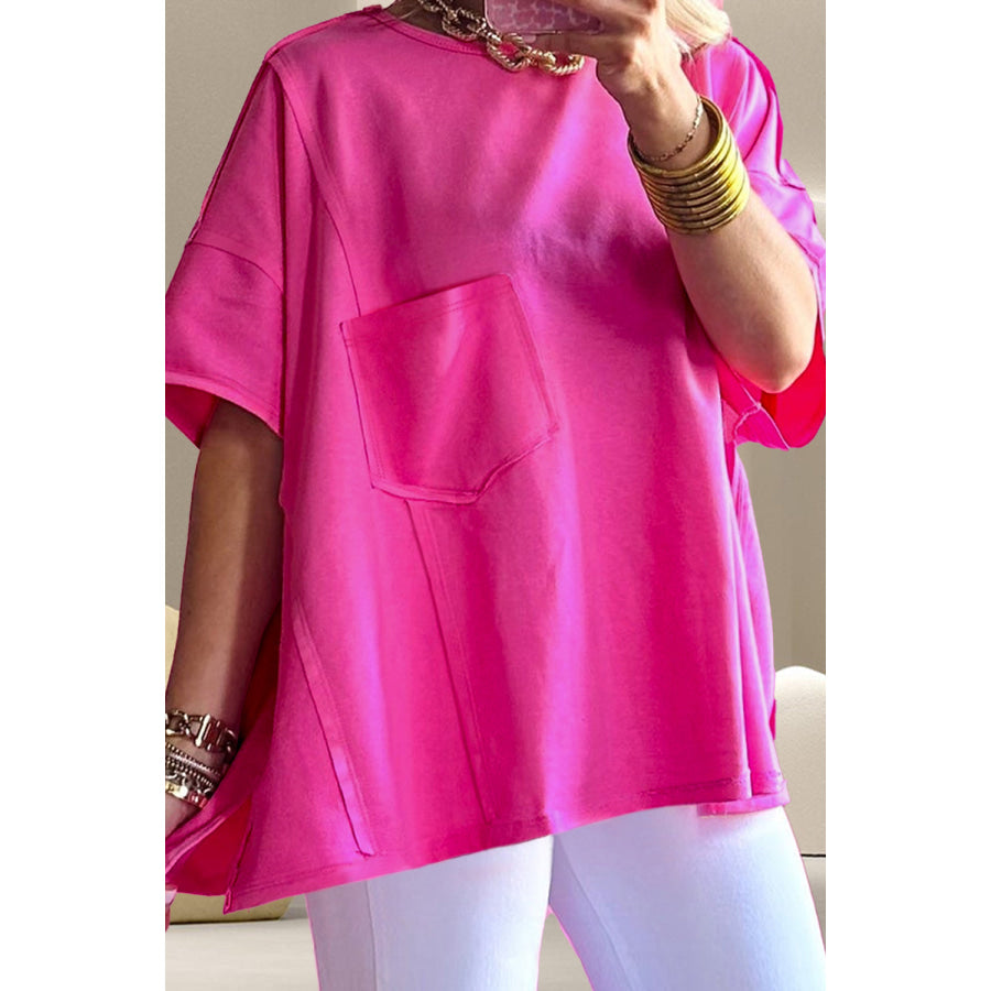 Pocketed Round Neck Short Sleeve T-Shirt Hot Pink / S Apparel and Accessories