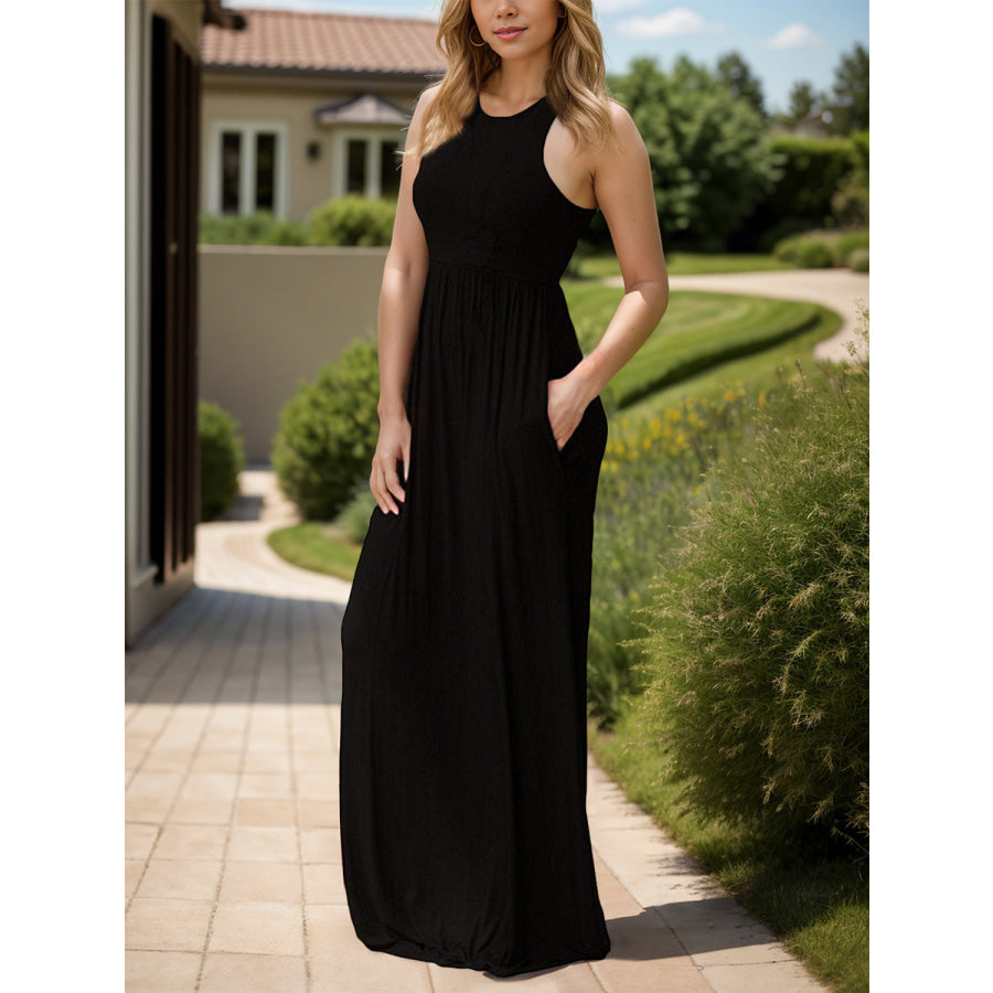 Pocketed Round Neck Sleeveless Dress Apparel and Accessories