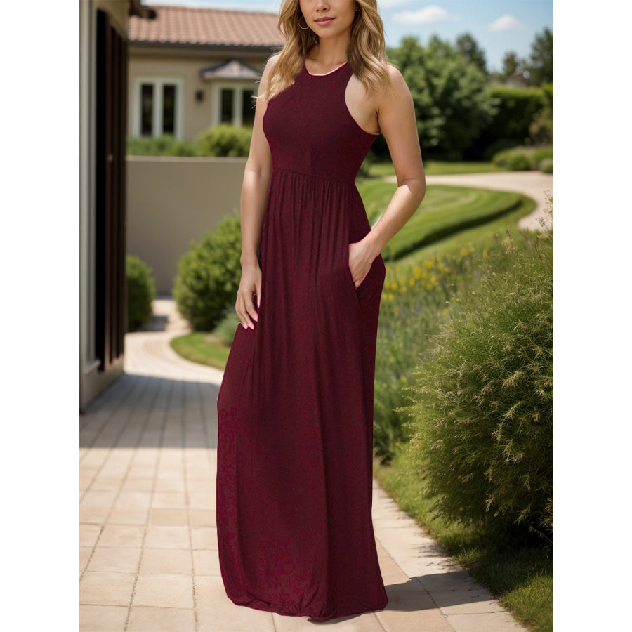 Pocketed Round Neck Sleeveless Dress Apparel and Accessories