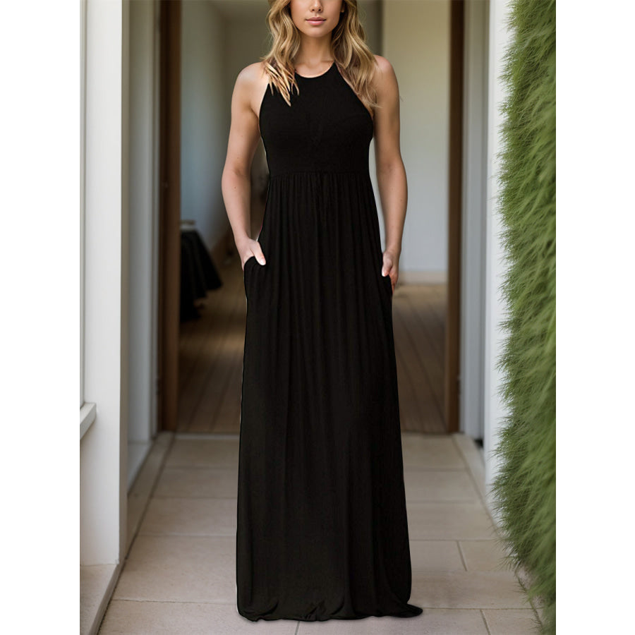 Pocketed Round Neck Sleeveless Dress Black / S Apparel and Accessories