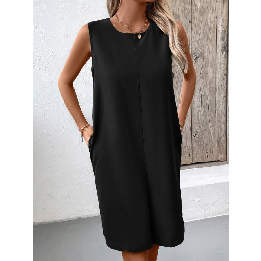 Pocketed Round Neck Sleeveless Mini Dress Apparel and Accessories