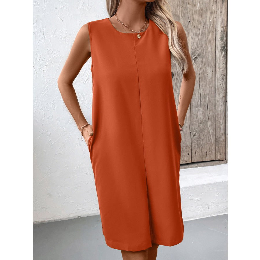 Pocketed Round Neck Sleeveless Mini Dress Apparel and Accessories