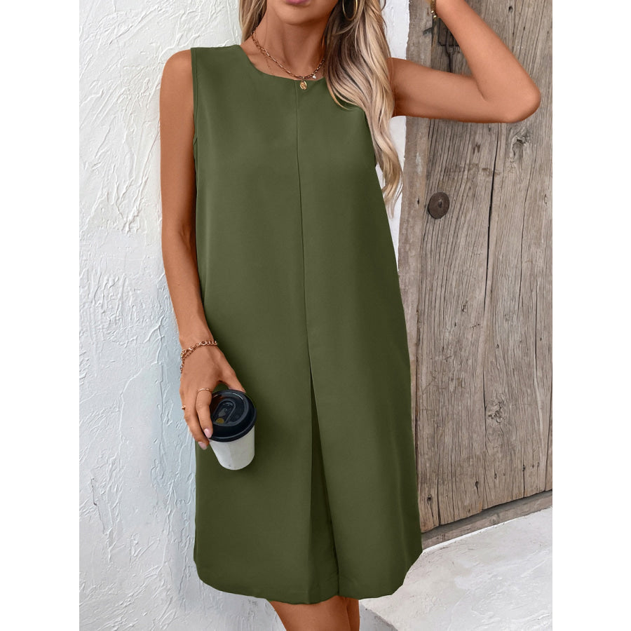 Pocketed Round Neck Sleeveless Mini Dress Apparel and Accessories