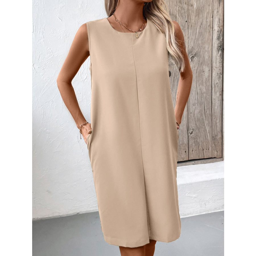 Pocketed Round Neck Sleeveless Mini Dress Apparel and Accessories