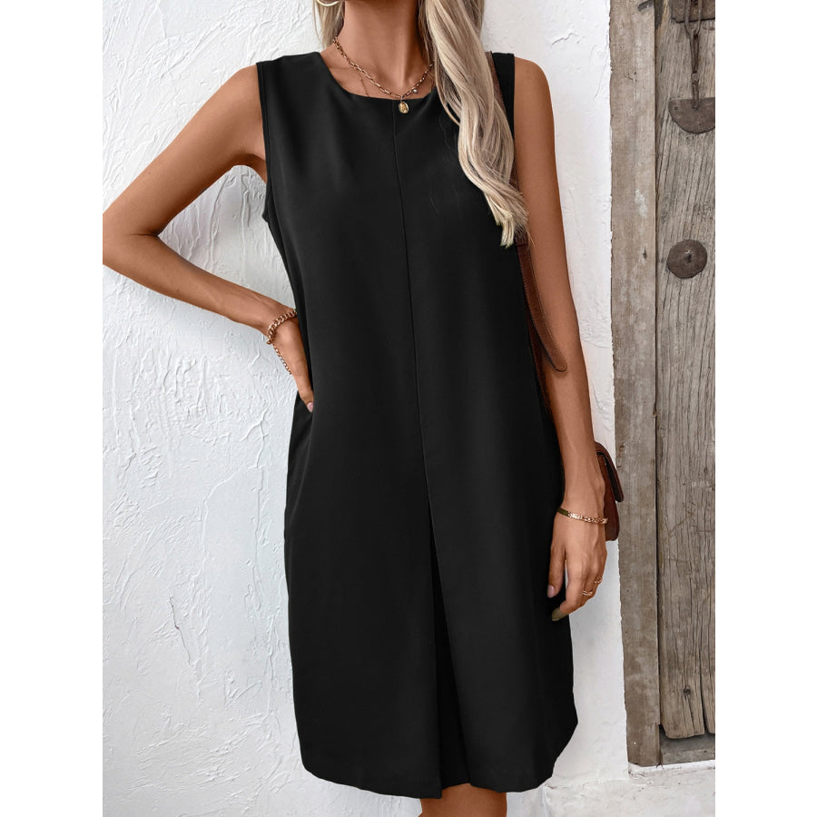 Pocketed Round Neck Sleeveless Mini Dress Apparel and Accessories