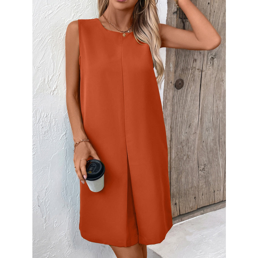 Pocketed Round Neck Sleeveless Mini Dress Apparel and Accessories