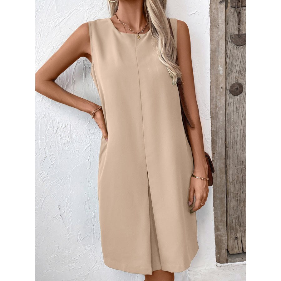 Pocketed Round Neck Sleeveless Mini Dress Apparel and Accessories