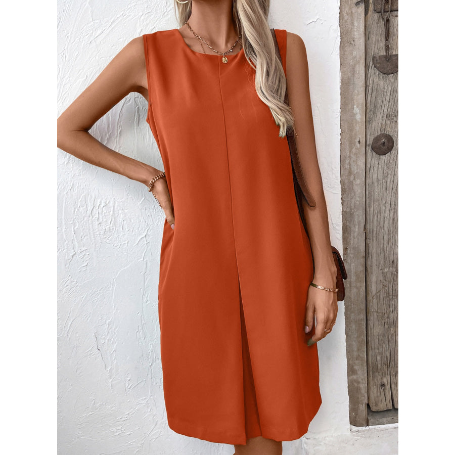 Pocketed Round Neck Sleeveless Mini Dress Apparel and Accessories