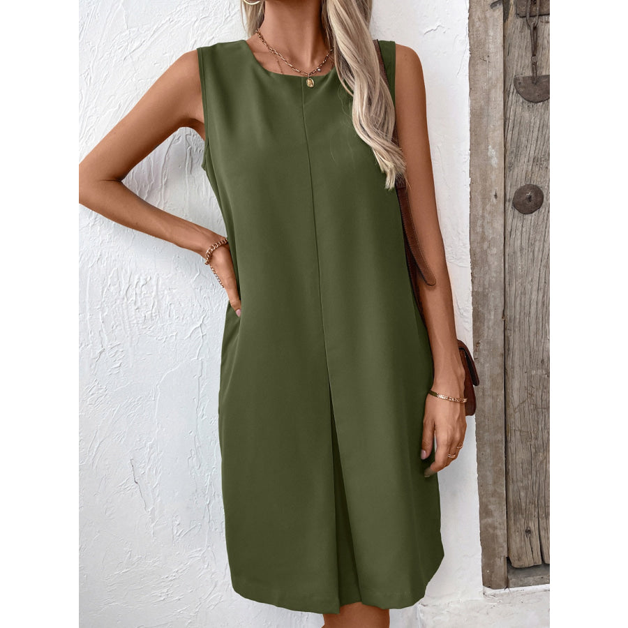 Pocketed Round Neck Sleeveless Mini Dress Apparel and Accessories