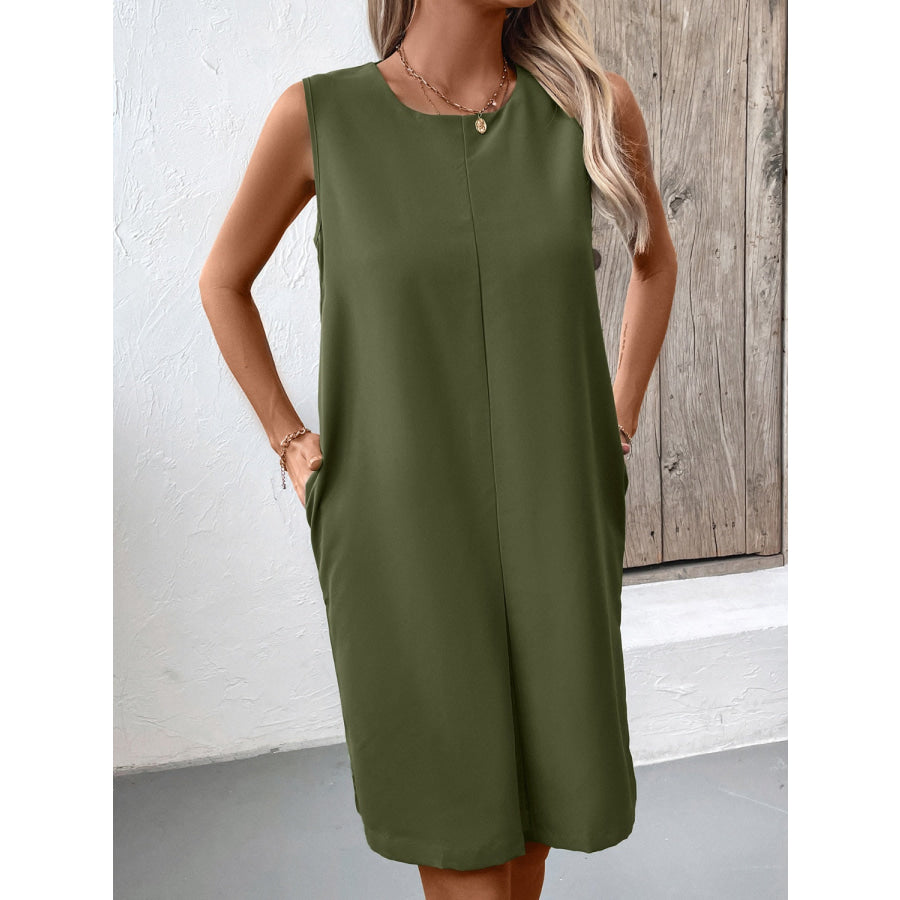 Pocketed Round Neck Sleeveless Mini Dress Army Green / S Apparel and Accessories