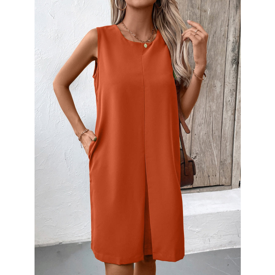 Pocketed Round Neck Sleeveless Mini Dress Terracotta / S Apparel and Accessories