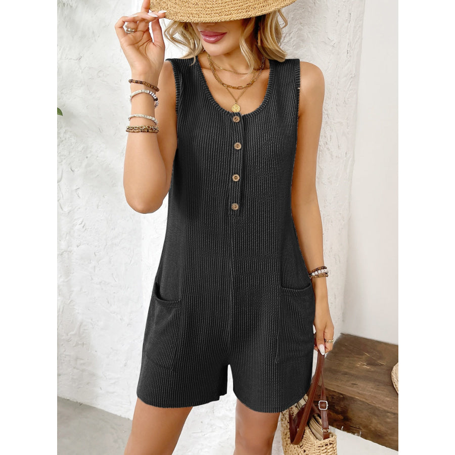 Pocketed Round Neck Sleeveless Romper Apparel and Accessories