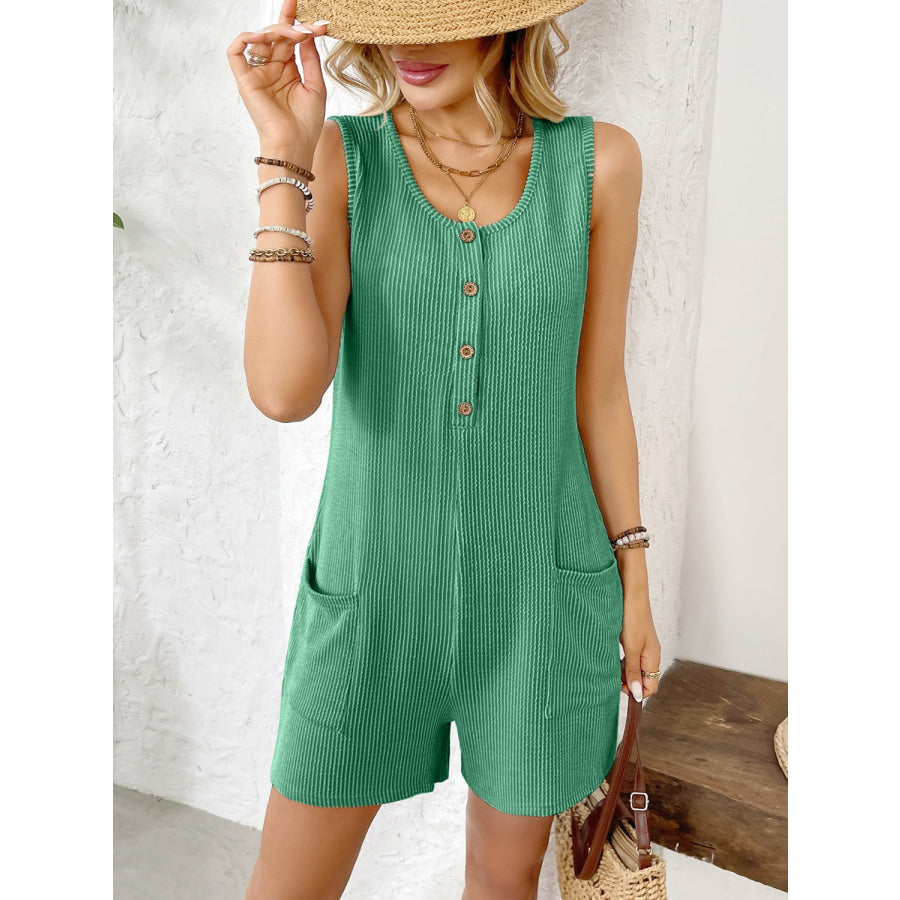 Pocketed Round Neck Sleeveless Romper Apparel and Accessories