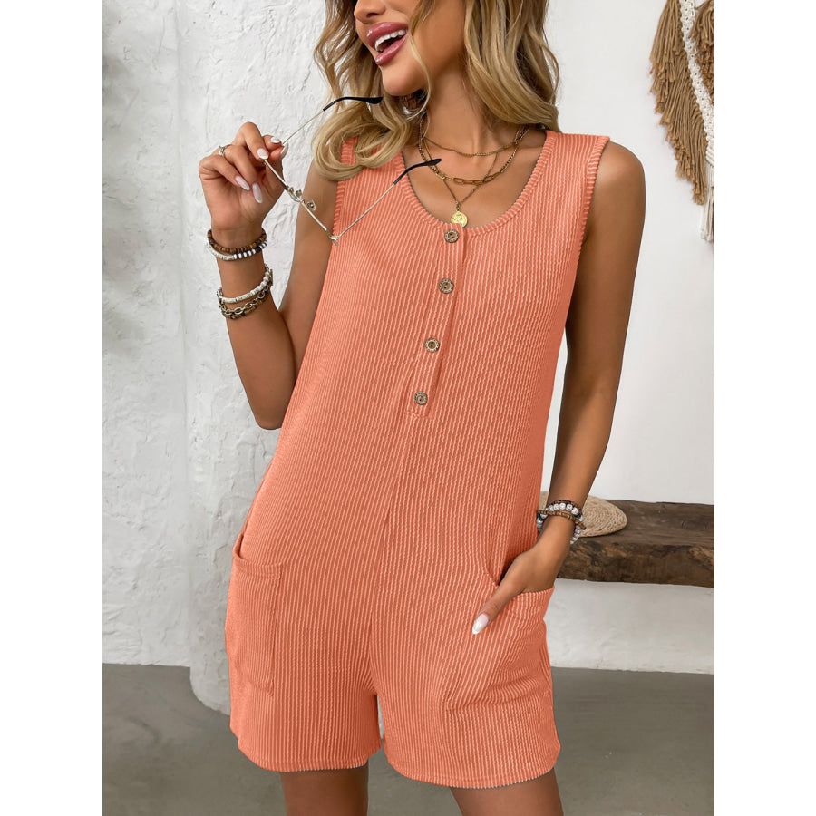 Pocketed Round Neck Sleeveless Romper Orange / S Apparel and Accessories