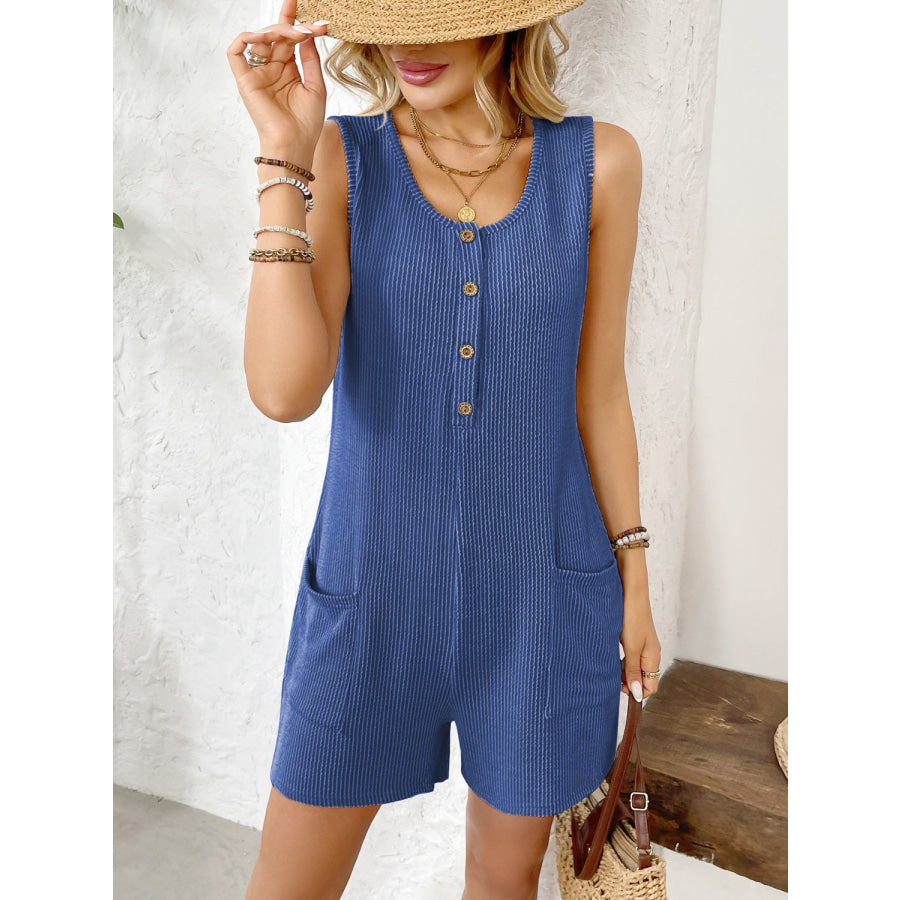 Pocketed Round Neck Sleeveless Romper Royal Blue / S Apparel and Accessories