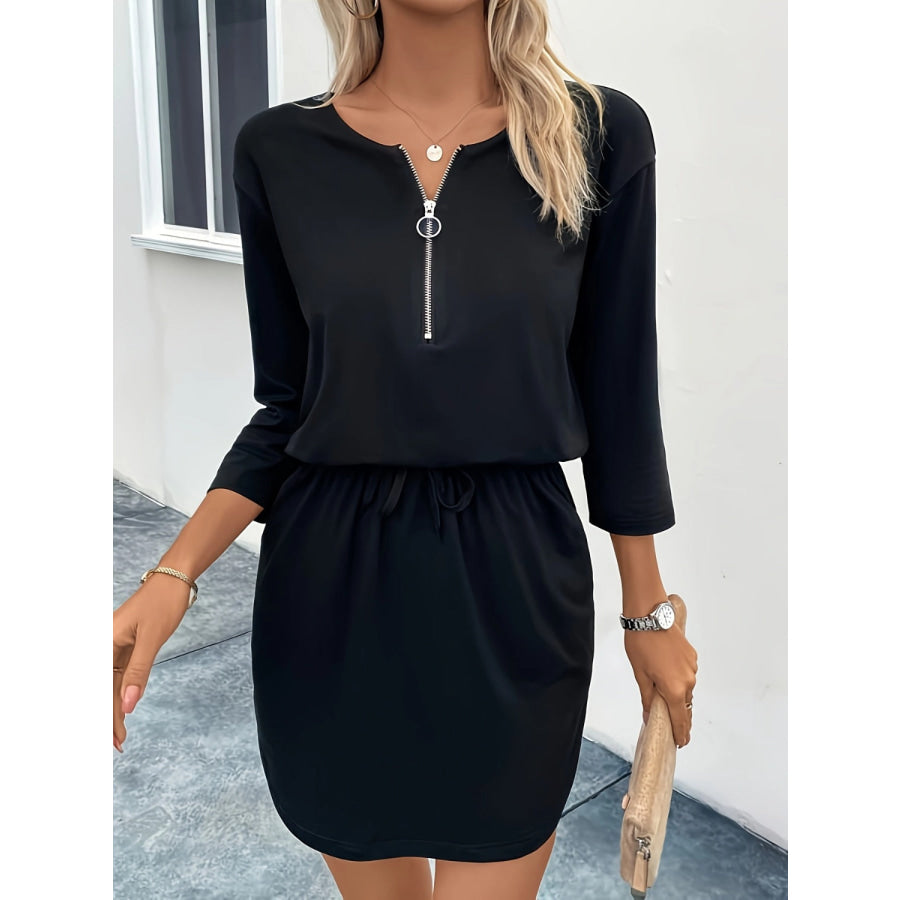 Pocketed Round Neck Three-Quarter Sleeve Dress Black / S Apparel and Accessories