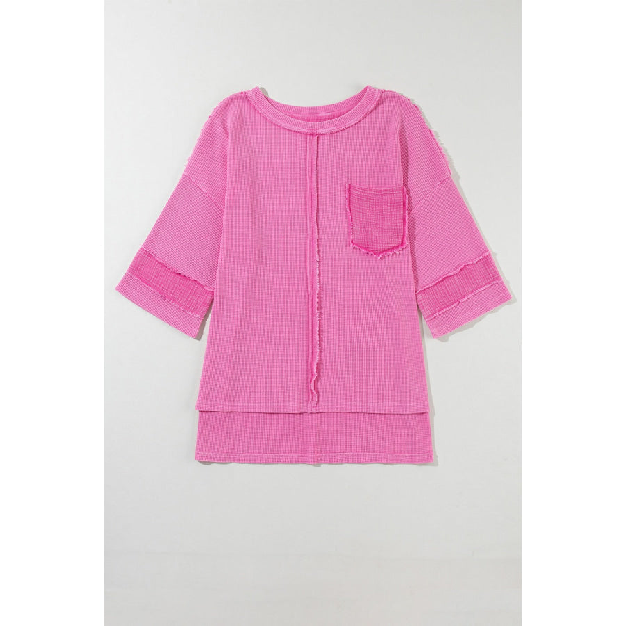 Pocketed Round Neck Three-Quarter Sleeve T-Shirt Fuchsia Pink / S Apparel and Accessories