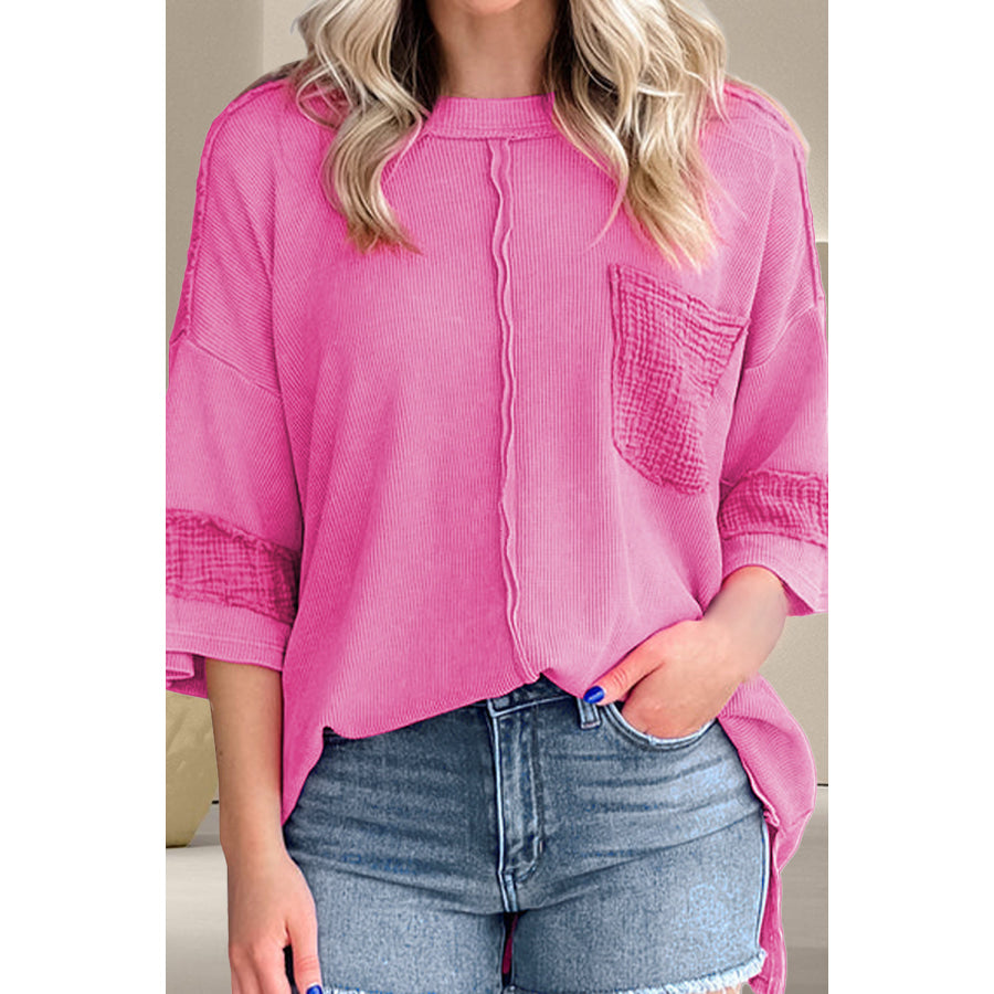 Pocketed Round Neck Three-Quarter Sleeve T-Shirt Fuchsia Pink / S Apparel and Accessories