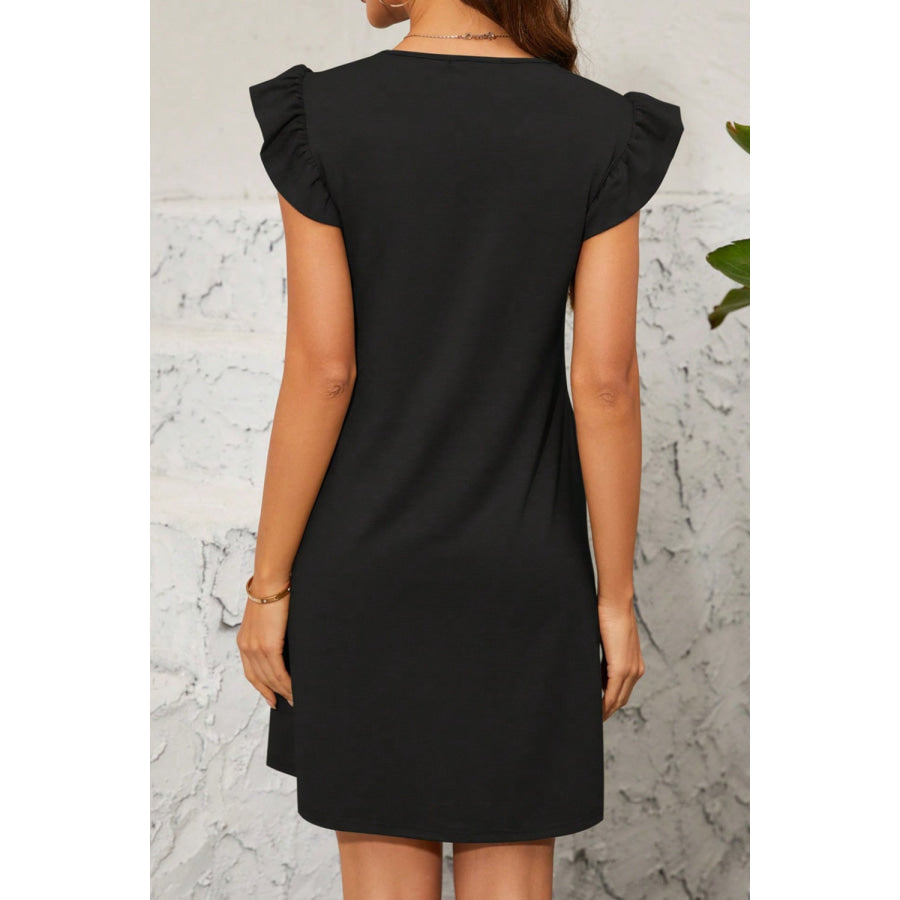 Pocketed Ruffled Cap Sleeve Mini Dress Apparel and Accessories