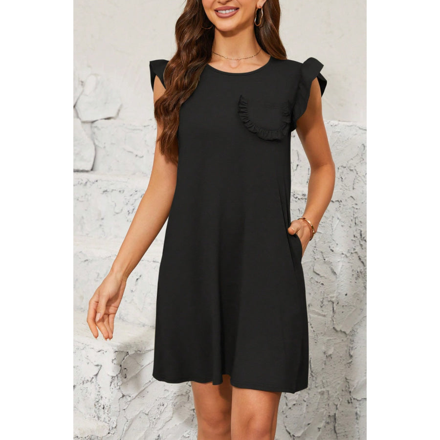 Pocketed Ruffled Cap Sleeve Mini Dress Apparel and Accessories