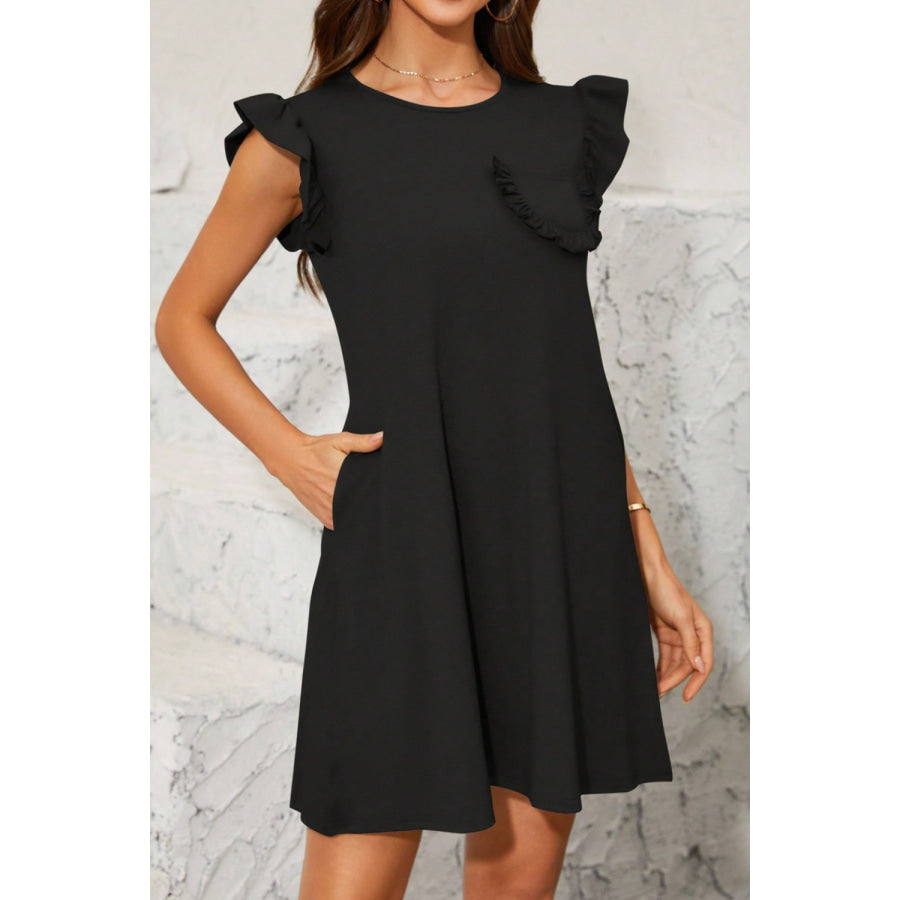 Pocketed Ruffled Cap Sleeve Mini Dress Black / S Apparel and Accessories