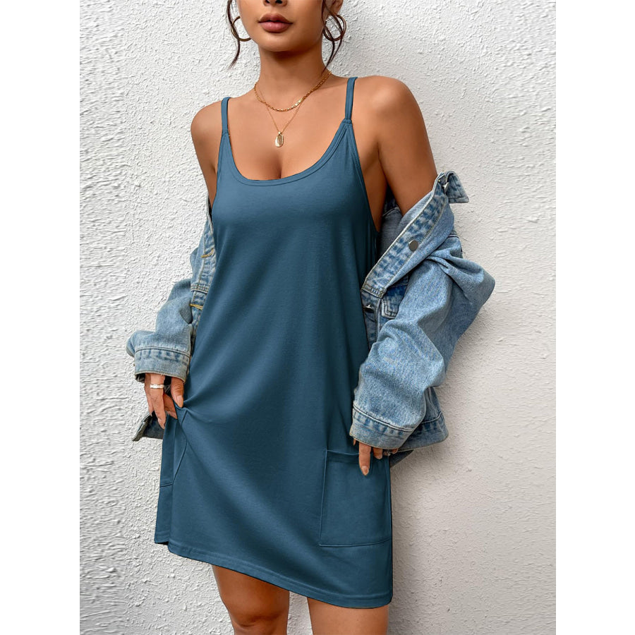 Pocketed Scoop Neck Cami Dress French Blue / S Apparel and Accessories