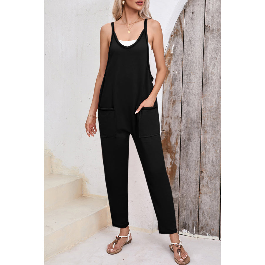 Pocketed Scoop Neck Spaghetti Strap Overalls Black / S Apparel and Accessories