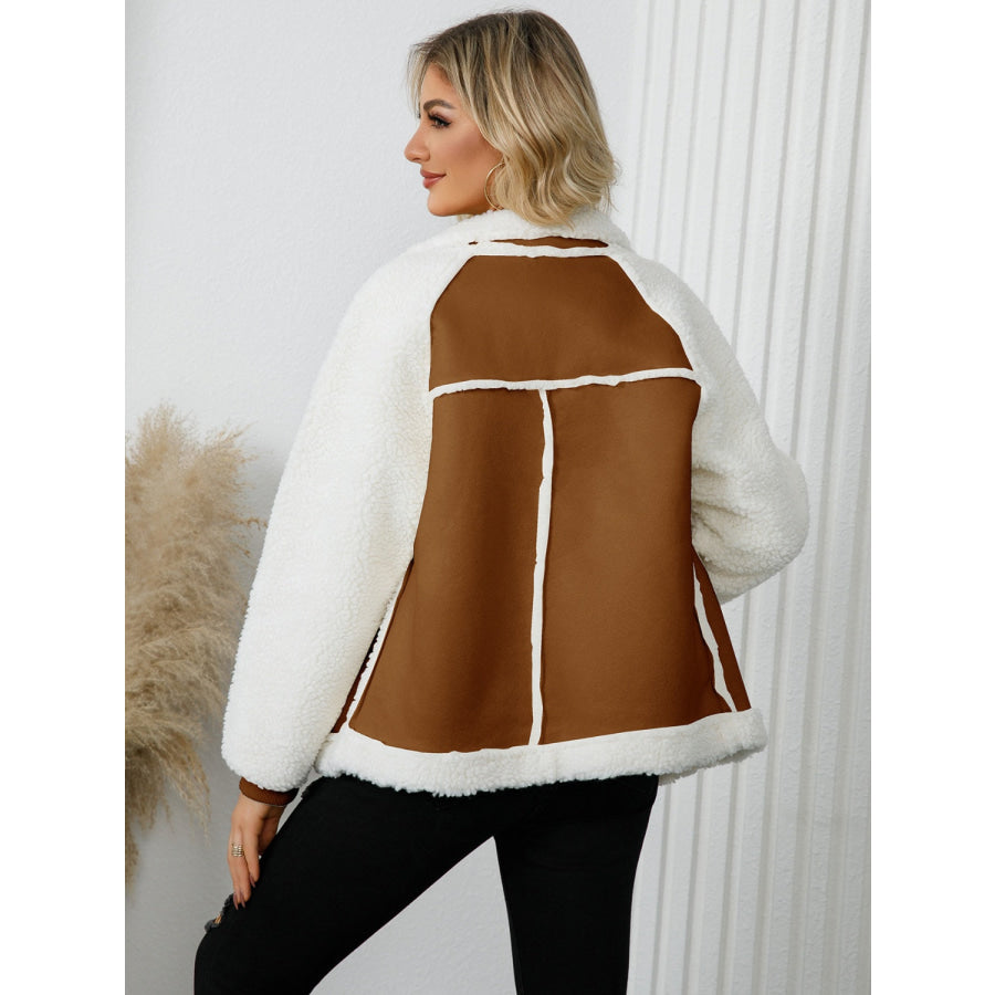 Pocketed Sherpa Zip Up Long Sleeve Jacket Caramel / S Apparel and Accessories