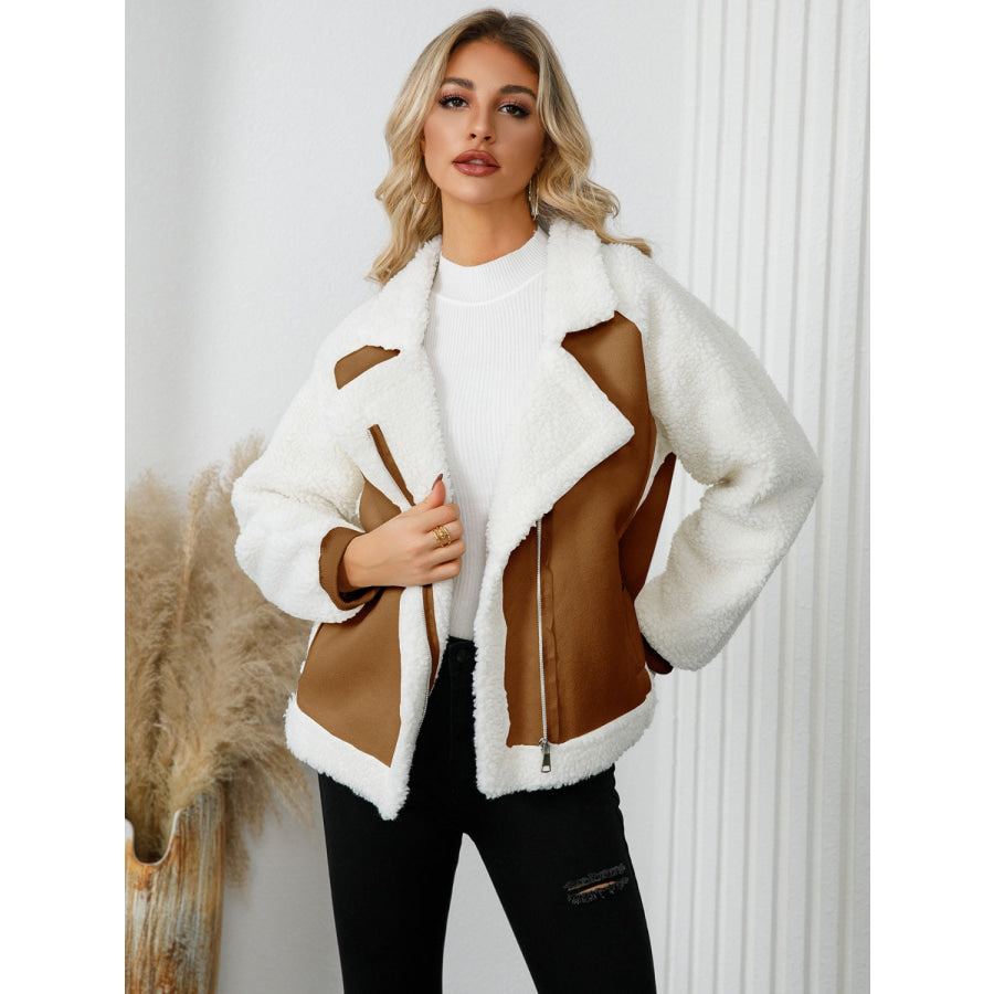 Pocketed Sherpa Zip Up Long Sleeve Jacket Caramel / S Apparel and Accessories