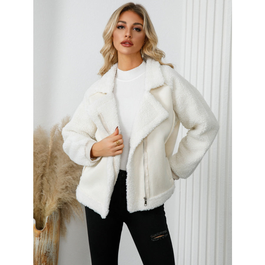 Pocketed Sherpa Zip Up Long Sleeve Jacket White / S Apparel and Accessories