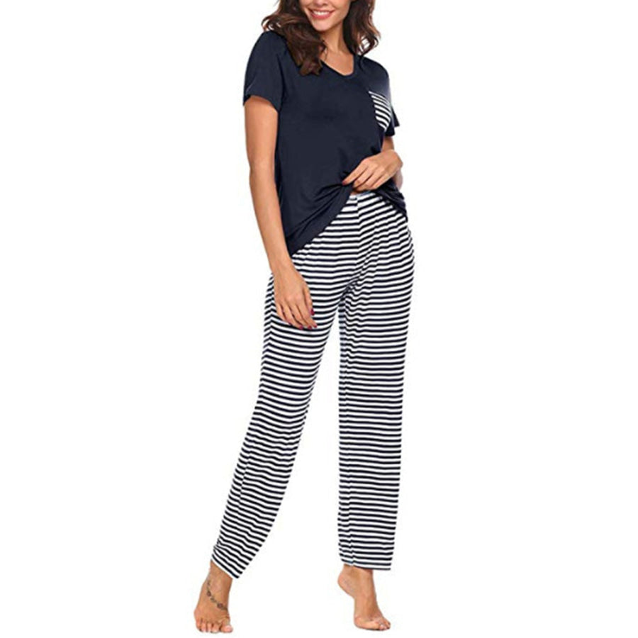 Pocketed Short Sleeve Top and Striped Pants Lounge Set Apparel Accessories