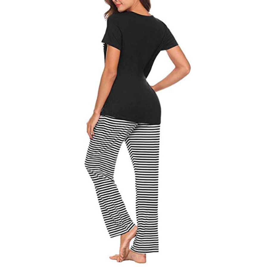 Pocketed Short Sleeve Top and Striped Pants Lounge Set Apparel Accessories