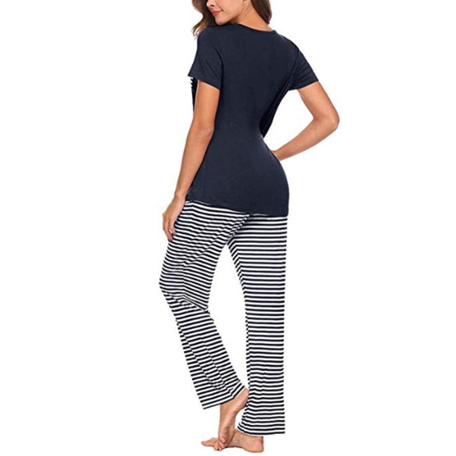 Pocketed Short Sleeve Top and Striped Pants Lounge Set Apparel Accessories