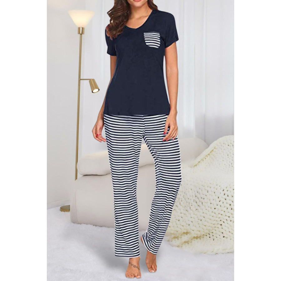 Pocketed Short Sleeve Top and Striped Pants Lounge Set Navy / S Apparel Accessories