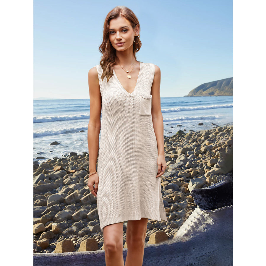 Pocketed Slit V-Neck Sleeveless Dress Cream / S Apparel and Accessories