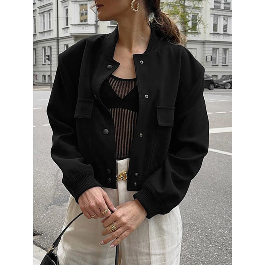 Pocketed Snap Down Baseball Collar Jacket Black / S Apparel and Accessories