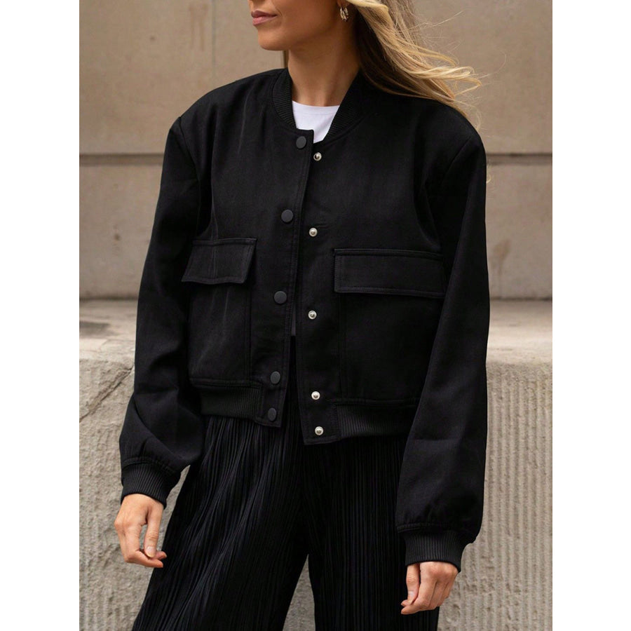 Pocketed Snap Down Baseball Collar Jacket Black / S Apparel and Accessories