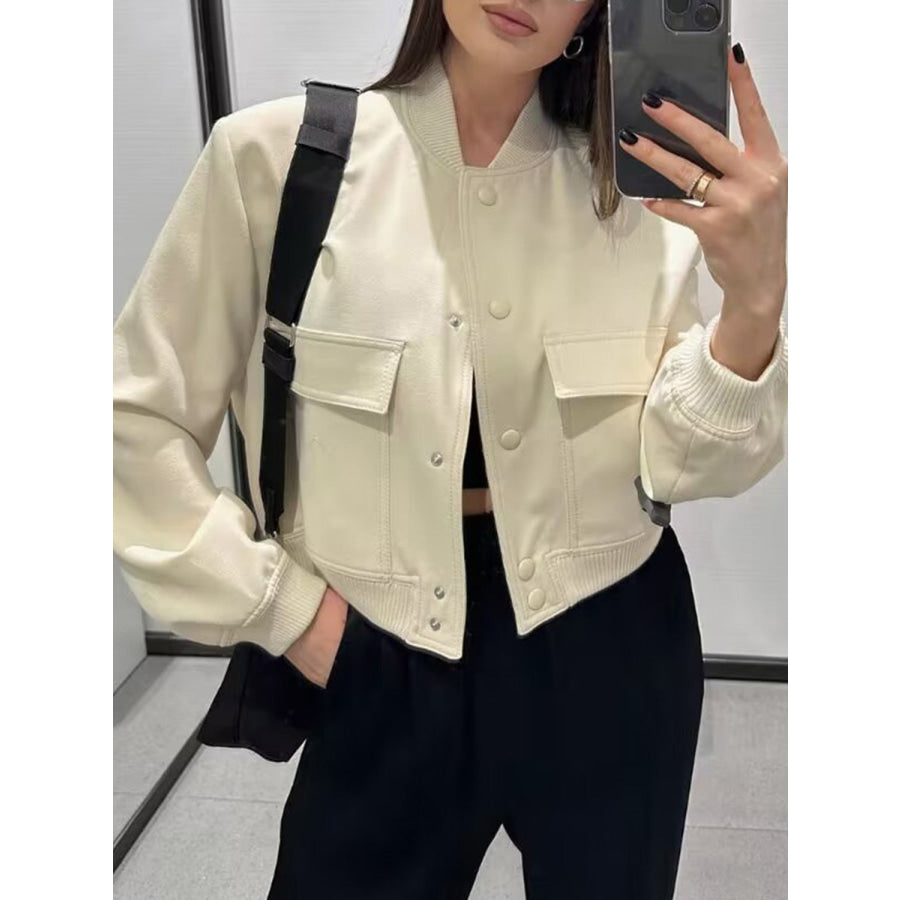 Pocketed Snap Down Baseball Collar Jacket Cream / S Apparel and Accessories