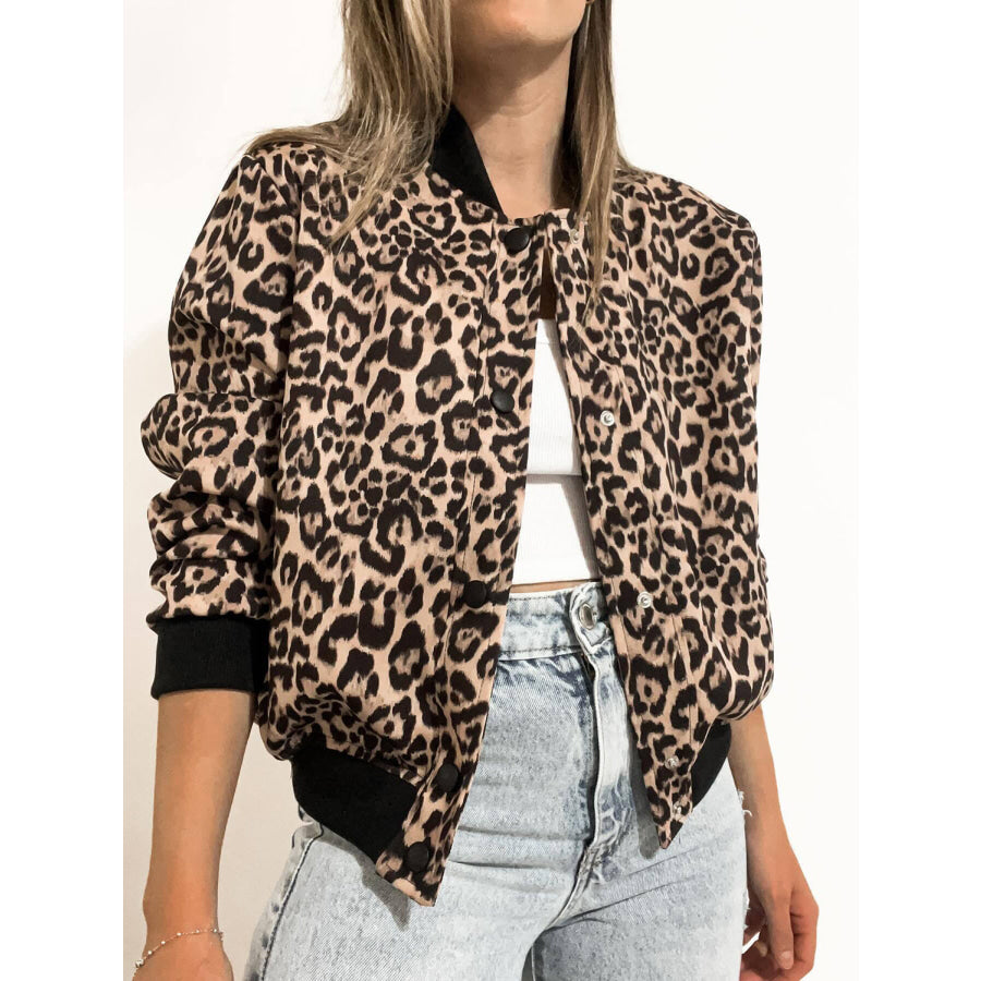 Pocketed Snap Down Baseball Collar Jacket Leopard / S Apparel and Accessories
